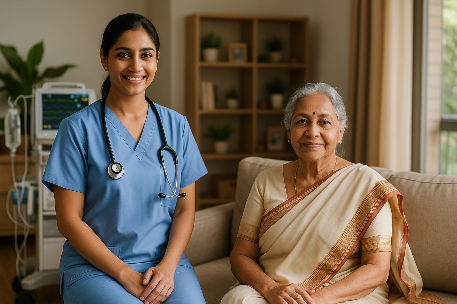 Professional caregiver assisting patient at home